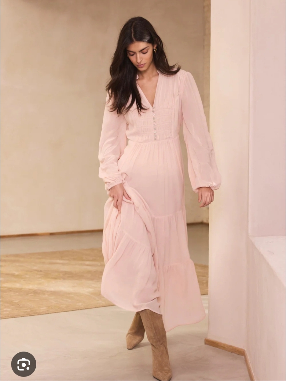 Les Cloches Brazilian Half Sleeve Blush Pink Tiered Maxi Dress M Plunge Boho